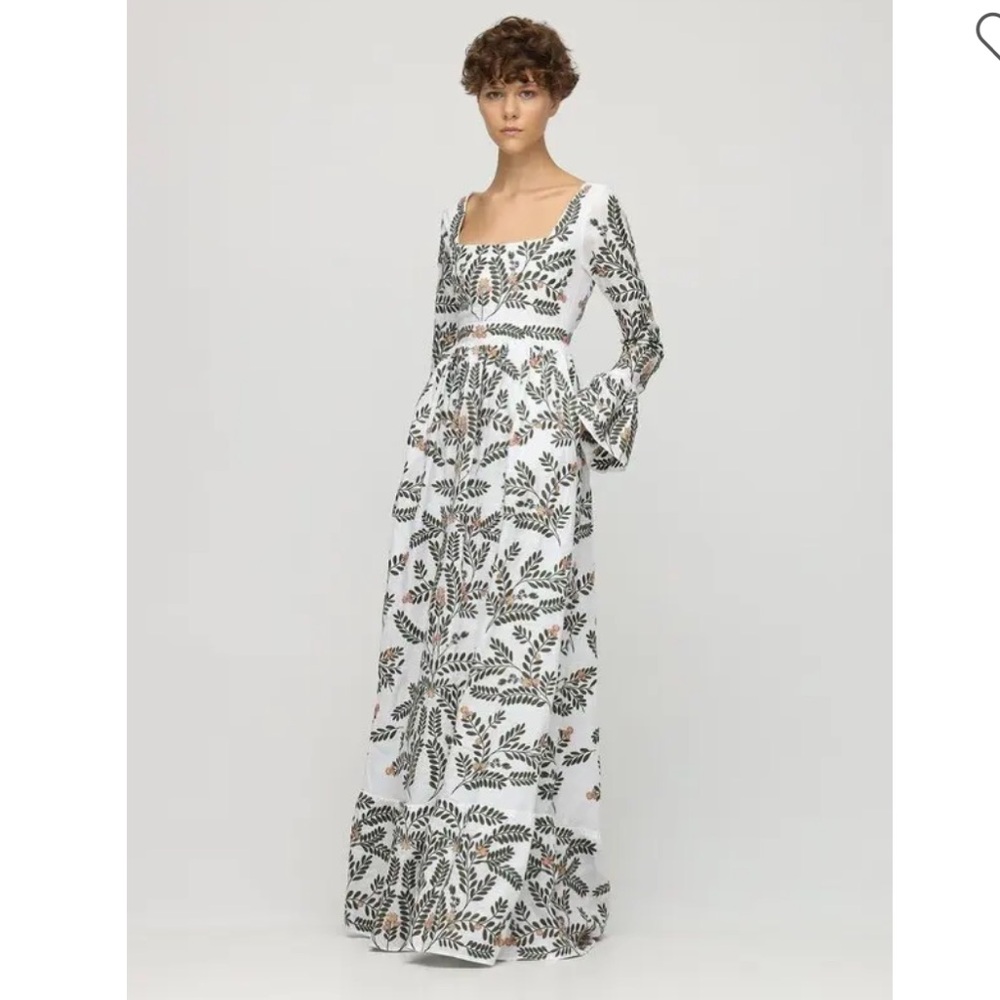 Agua Bendita white green Size L Curuba embroidered linen maxi dress